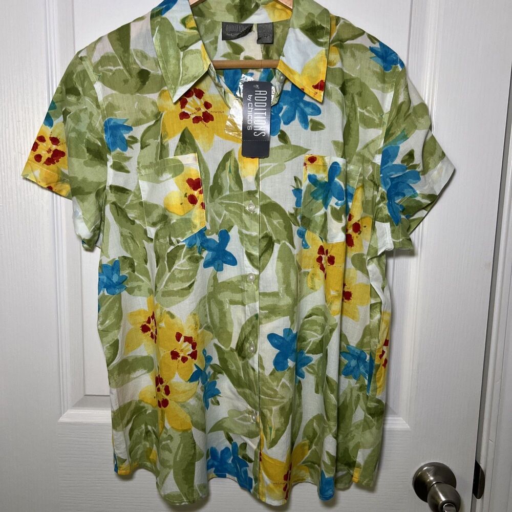 Chicos Additions NWT Floral Short Sleeve Button Up Shirt Size XL / 3 Cotton